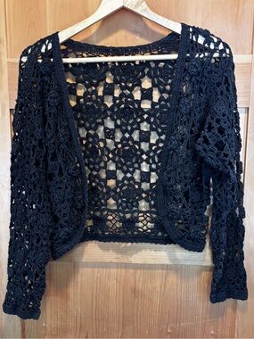Vintage Black Crochet Lace Boho Shrug Cardigan Bolero Open Front Floral Knit Y2K